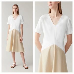 COS Draped Panel Cotton Jersey Dress Knee Length Two Tone White Beige